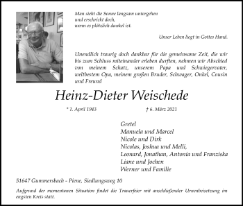 Anzeige von Heinz-Dieter Weischede von Kölner Stadt-Anzeiger / Kölnische Rundschau / Express