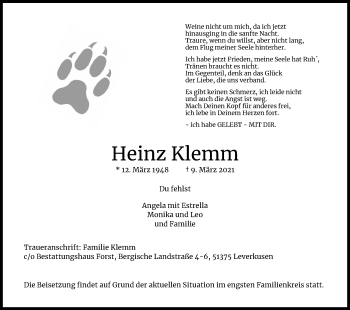 Anzeige von Heinz Klemm von Kölner Stadt-Anzeiger / Kölnische Rundschau / Express