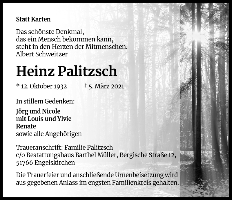  Traueranzeige für Heinz Palitzsch vom 13.03.2021 aus Kölner Stadt-Anzeiger / Kölnische Rundschau / Express
