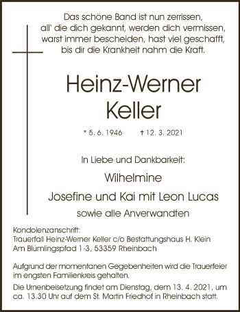Anzeige von Heinz-Werner Keller von  Schaufenster/Blickpunkt 