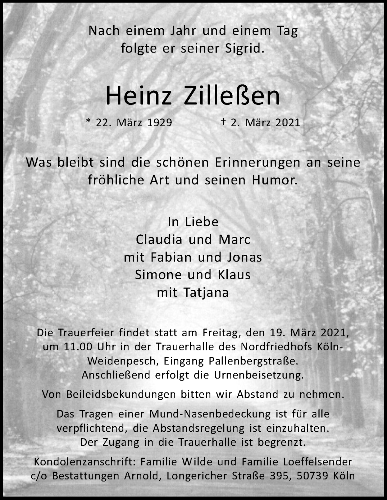  Traueranzeige für Heinz Zilleßen vom 13.03.2021 aus Kölner Stadt-Anzeiger / Kölnische Rundschau / Express