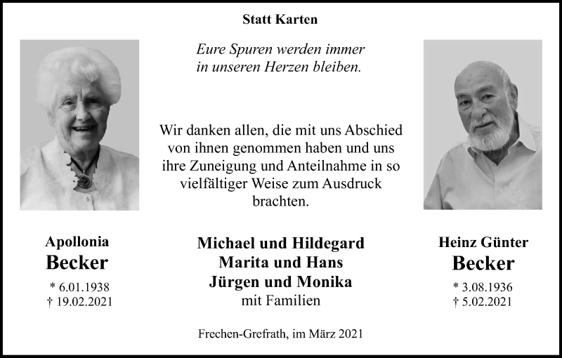  Traueranzeige für Heinz Günter Becker vom 13.03.2021 aus Kölner Stadt-Anzeiger / Kölnische Rundschau / Express