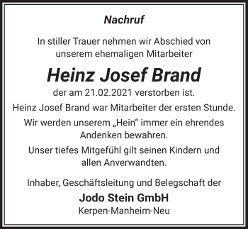 Anzeige von Heinz Josef Brand von  Werbepost 