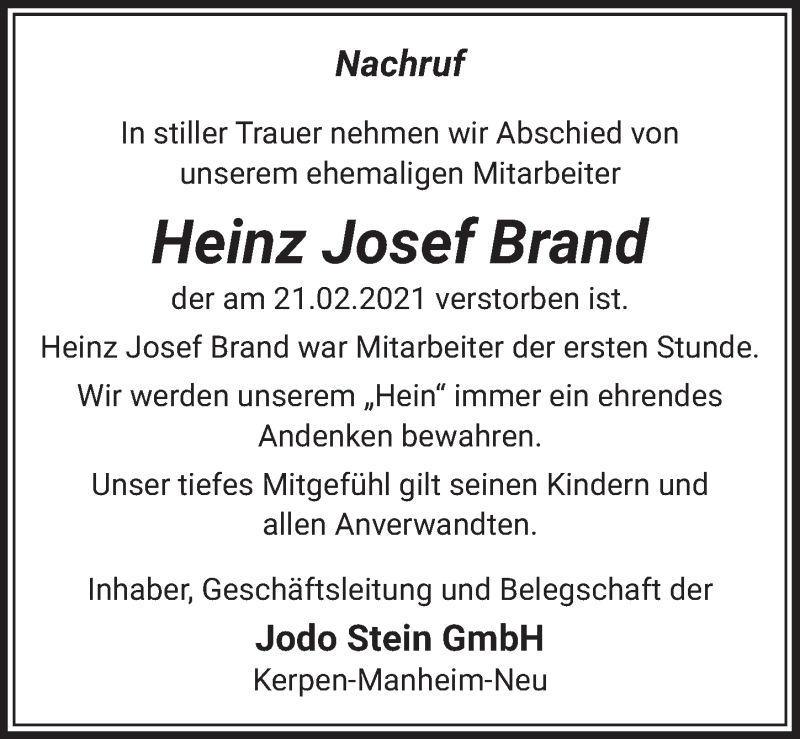  Traueranzeige für Heinz Josef Brand vom 05.03.2021 aus  Werbepost 