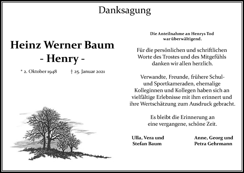  Traueranzeige für Heinz Werner Baum vom 20.03.2021 aus Kölner Stadt-Anzeiger / Kölnische Rundschau / Express