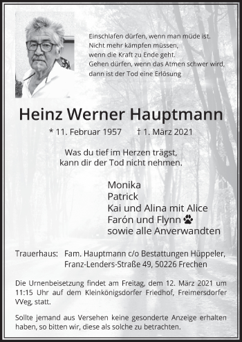 Anzeige von Heinz Werner Hauptmann von  Wochenende 
