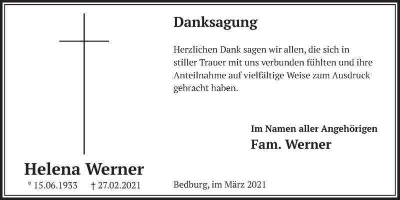  Traueranzeige für Helena Werner vom 19.03.2021 aus  Werbepost 