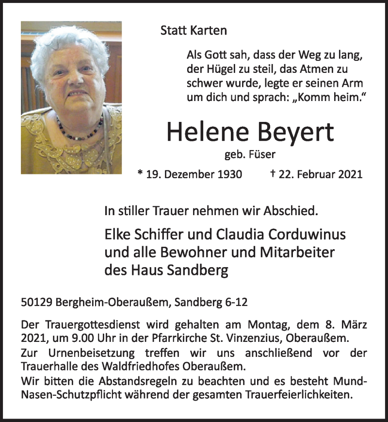  Traueranzeige für Helene Beyert vom 05.03.2021 aus  Werbepost 