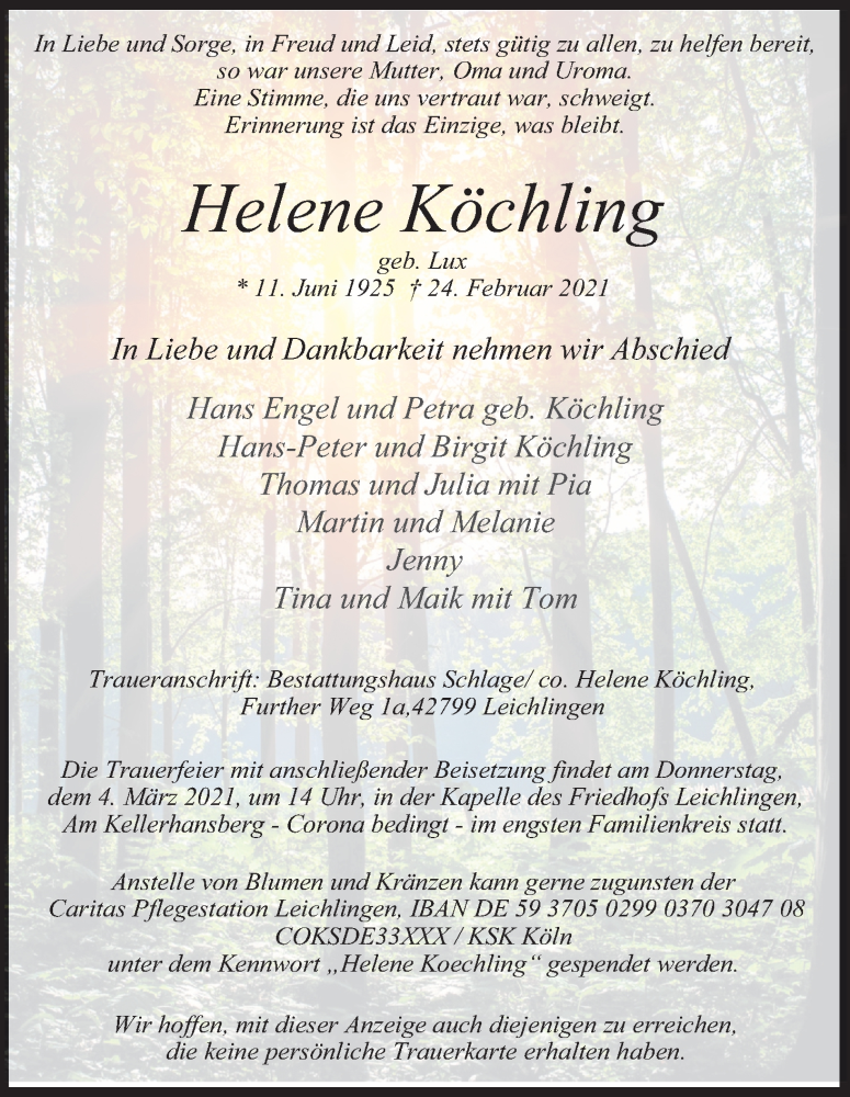  Traueranzeige für Helene Köchling vom 03.03.2021 aus Kölner Stadt-Anzeiger / Kölnische Rundschau / Express