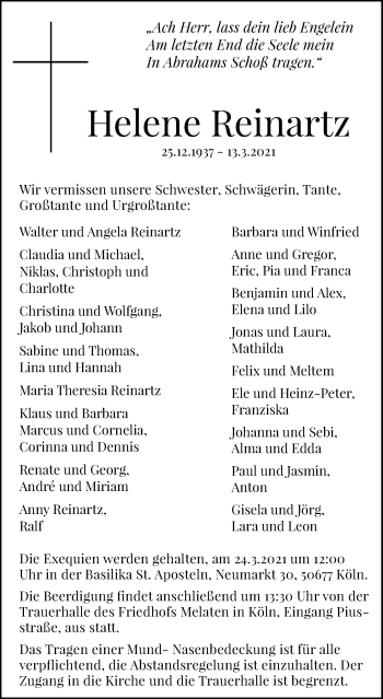 Anzeige von Helene Reinartz von Kölner Stadt-Anzeiger / Kölnische Rundschau / Express