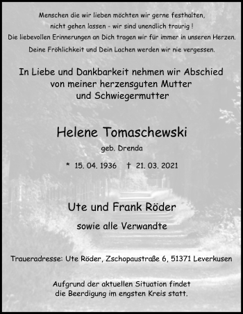 Anzeige von Helene Tomaschewski von Kölner Stadt-Anzeiger / Kölnische Rundschau / Express