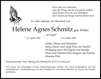 Anzeige von Helene Agnes Schmitz von Kölner Stadt-Anzeiger / Kölnische Rundschau / Express