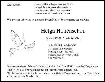 Anzeige von Helga Hohenschon von  Anzeigen Echo 