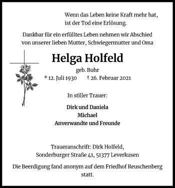 Anzeige von Helga Holfeld von Kölner Stadt-Anzeiger / Kölnische Rundschau / Express