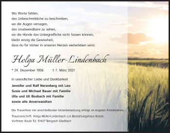 Anzeige von Helga Müller-Lindenbach von Kölner Stadt-Anzeiger / Kölnische Rundschau / Express