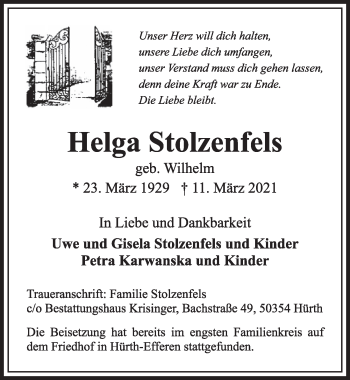 Anzeige von Helga Stolzenfels von  Wochenende 