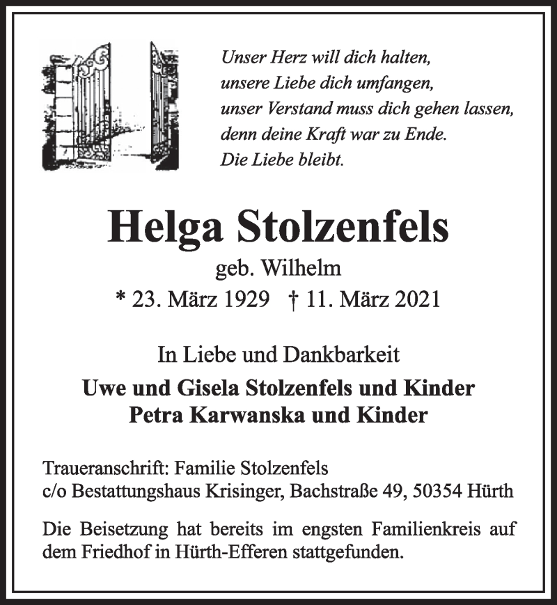  Traueranzeige für Helga Stolzenfels vom 19.03.2021 aus  Wochenende 