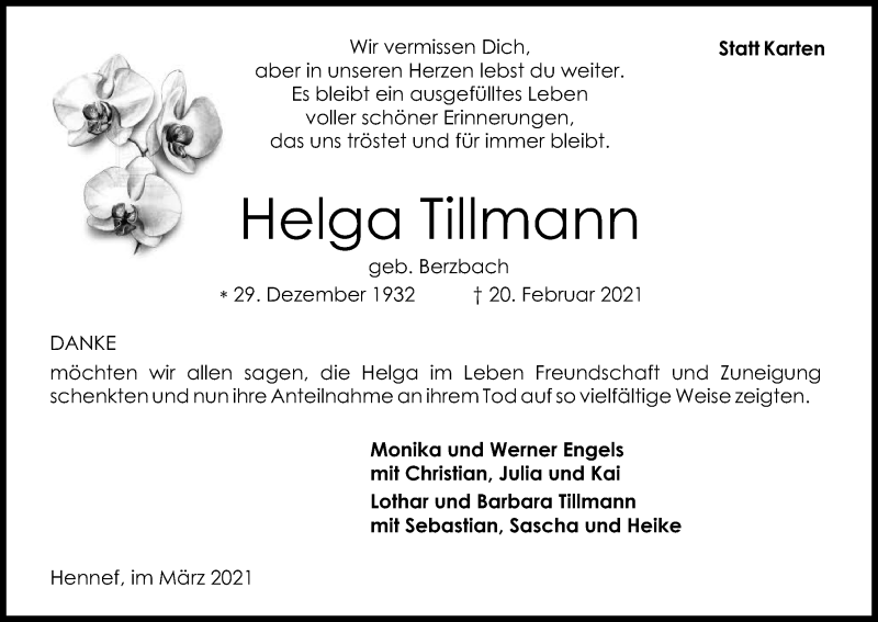  Traueranzeige für Helga Tillmann vom 20.03.2021 aus Kölner Stadt-Anzeiger / Kölnische Rundschau / Express