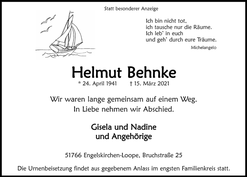  Traueranzeige für Helmut Behnke vom 19.03.2021 aus  Anzeigen Echo 