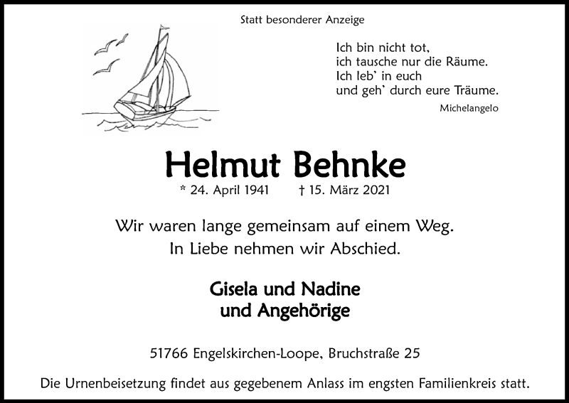 Traueranzeige für Helmut Behnke vom 20.03.2021 aus Kölner Stadt-Anzeiger / Kölnische Rundschau / Express