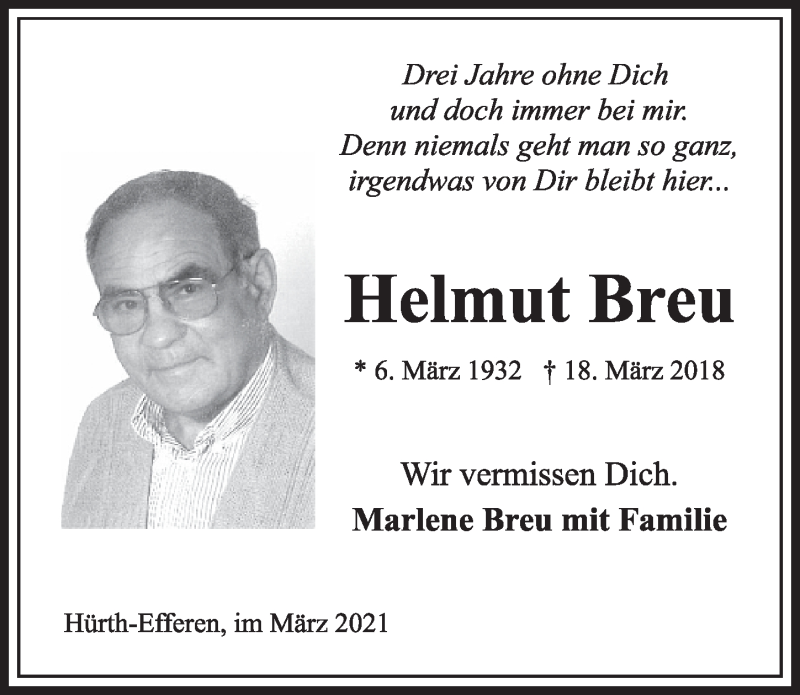  Traueranzeige für Helmut Breu vom 19.03.2021 aus  Wochenende 