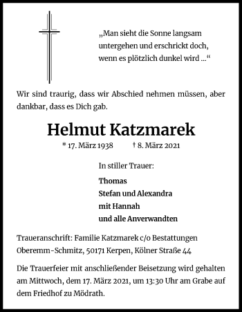 Anzeige von Helmut Katzmarek von Kölner Stadt-Anzeiger / Kölnische Rundschau / Express