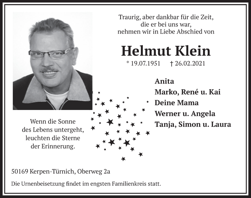  Traueranzeige für Helmut Klein vom 05.03.2021 aus  Werbepost 