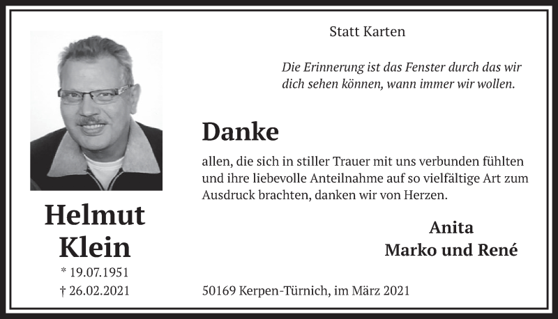  Traueranzeige für Helmut Klein vom 26.03.2021 aus  Werbepost 