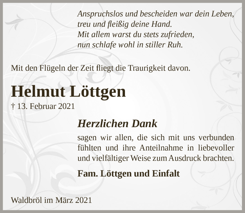  Traueranzeige für Helmut Löttgen vom 19.03.2021 aus  Lokalanzeiger 