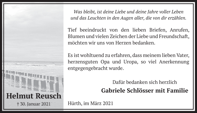 Traueranzeige für Helmut Reusch vom 05.03.2021 aus  Wochenende 