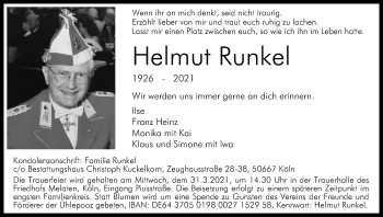 Anzeige von Helmut Runkel von Kölner Stadt-Anzeiger / Kölnische Rundschau / Express
