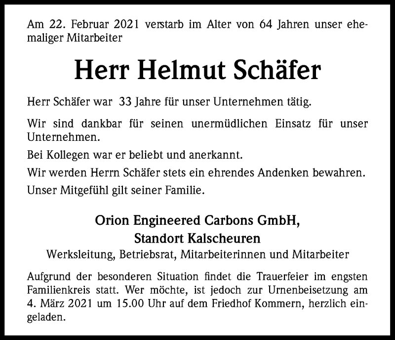  Traueranzeige für Helmut Schäfer vom 03.03.2021 aus Kölner Stadt-Anzeiger / Kölnische Rundschau / Express