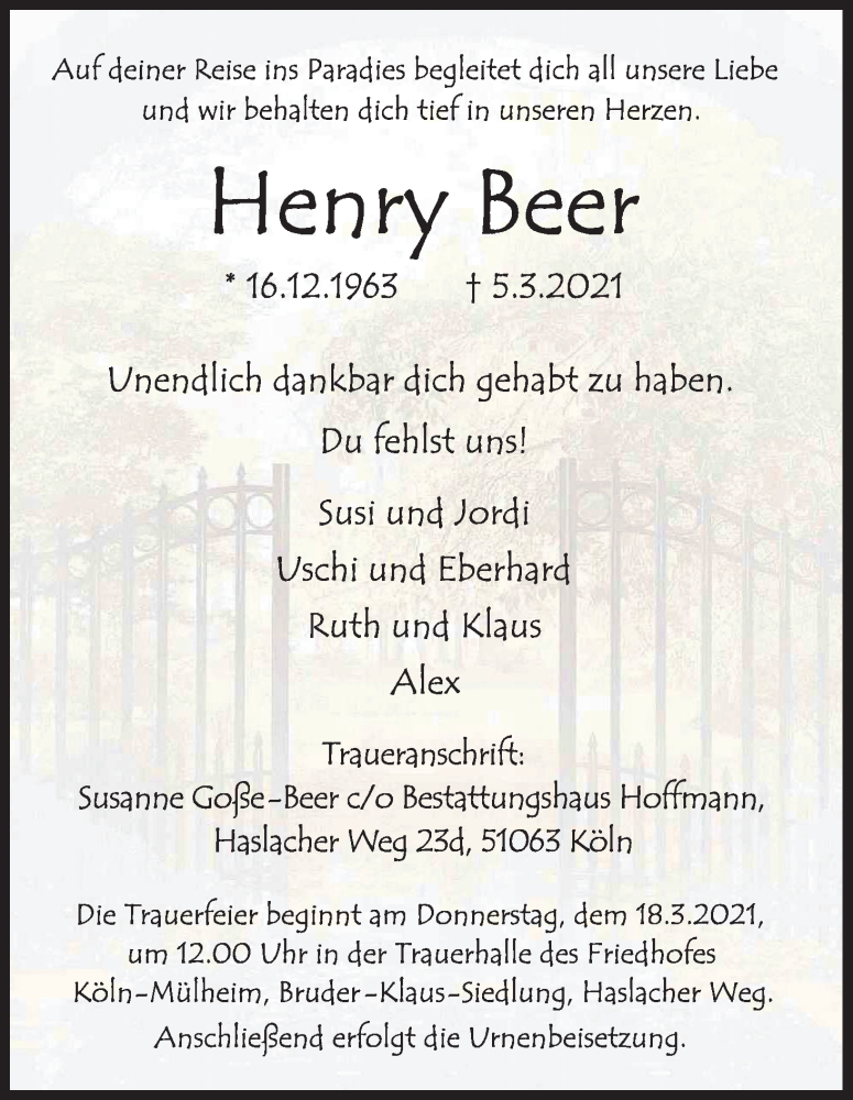  Traueranzeige für Henry Beer vom 13.03.2021 aus Kölner Stadt-Anzeiger / Kölnische Rundschau / Express