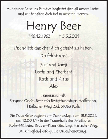 Anzeige von Henry Beer von Kölner Stadt-Anzeiger / Kölnische Rundschau / Express