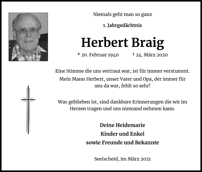  Traueranzeige für Herbert Braig vom 27.03.2021 aus Kölner Stadt-Anzeiger / Kölnische Rundschau / Express