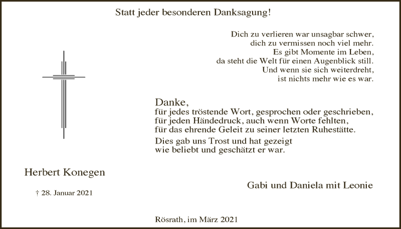 Traueranzeige für Herbert Konegen vom 12.03.2021 aus  Bergisches Handelsblatt 