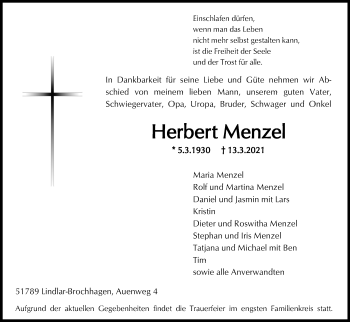 Anzeige von Herbert Menzel von Kölner Stadt-Anzeiger / Kölnische Rundschau / Express