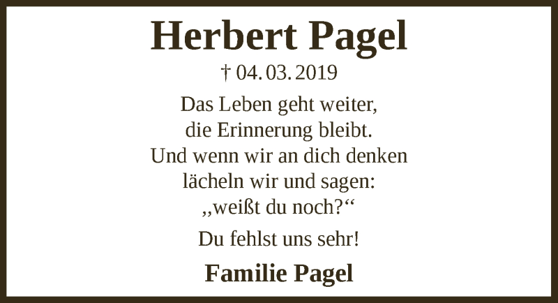  Traueranzeige für Herbert Pagel vom 05.03.2021 aus  Lokalanzeiger 