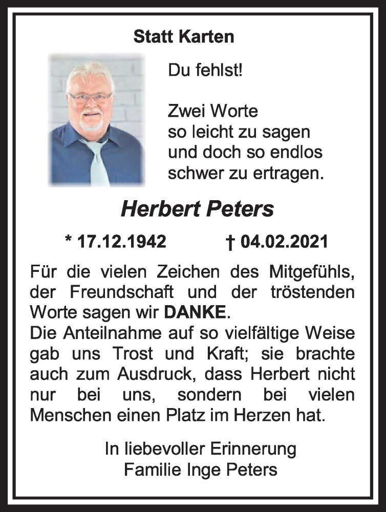  Traueranzeige für Herbert Peters vom 18.07.2023 aus  Werbepost 
