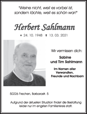 Anzeige von Herbert Sahlmann von  Wochenende 