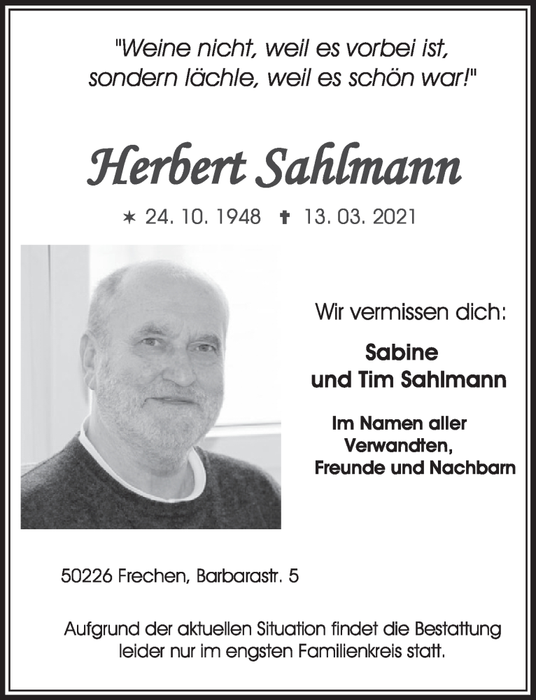  Traueranzeige für Herbert Sahlmann vom 19.03.2021 aus  Wochenende 