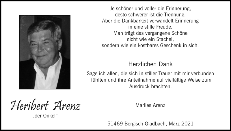 Traueranzeige für Heribert Arenz vom 13.03.2021 aus Kölner Stadt-Anzeiger / Kölnische Rundschau / Express