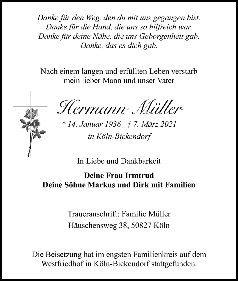  Traueranzeige für Hermann Müller vom 20.03.2021 aus Kölner Stadt-Anzeiger / Kölnische Rundschau / Express