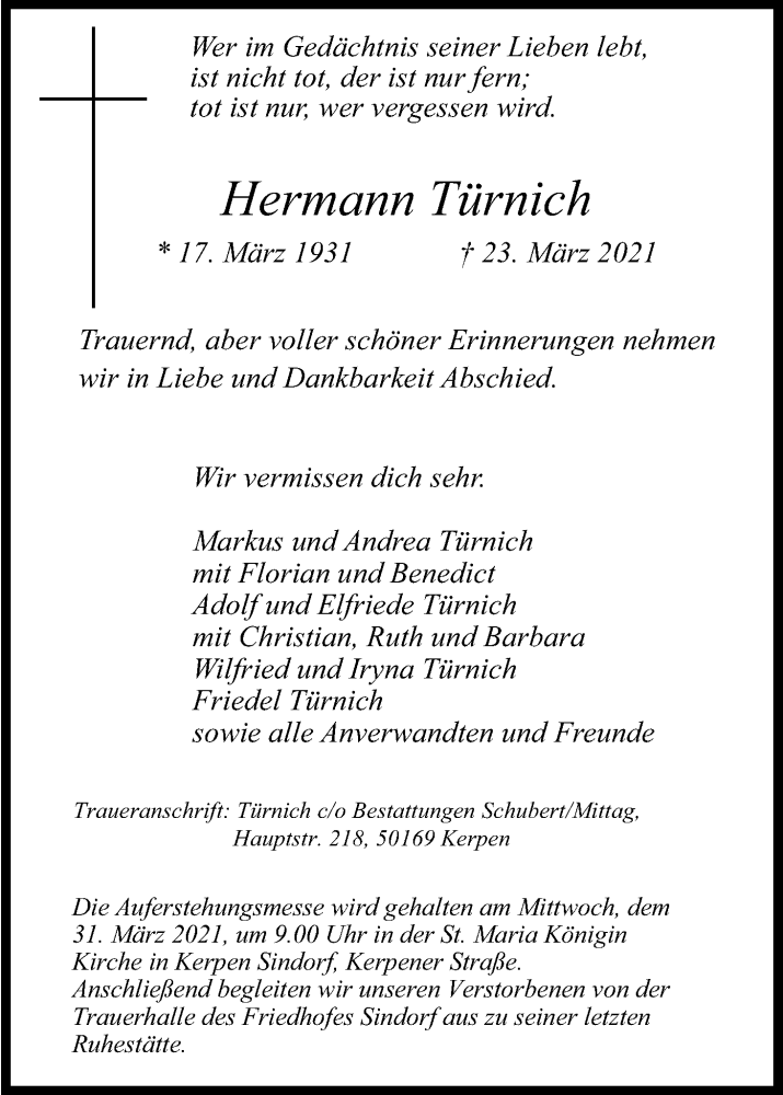  Traueranzeige für Hermann Türnich vom 27.03.2021 aus Kölner Stadt-Anzeiger / Kölnische Rundschau / Express