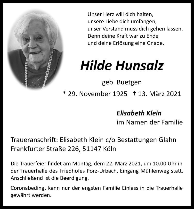  Traueranzeige für Hilde Hunsalz vom 20.03.2021 aus Kölner Stadt-Anzeiger / Kölnische Rundschau / Express