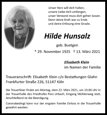 Anzeige von Hilde Hunsalz von Kölner Stadt-Anzeiger / Kölnische Rundschau / Express