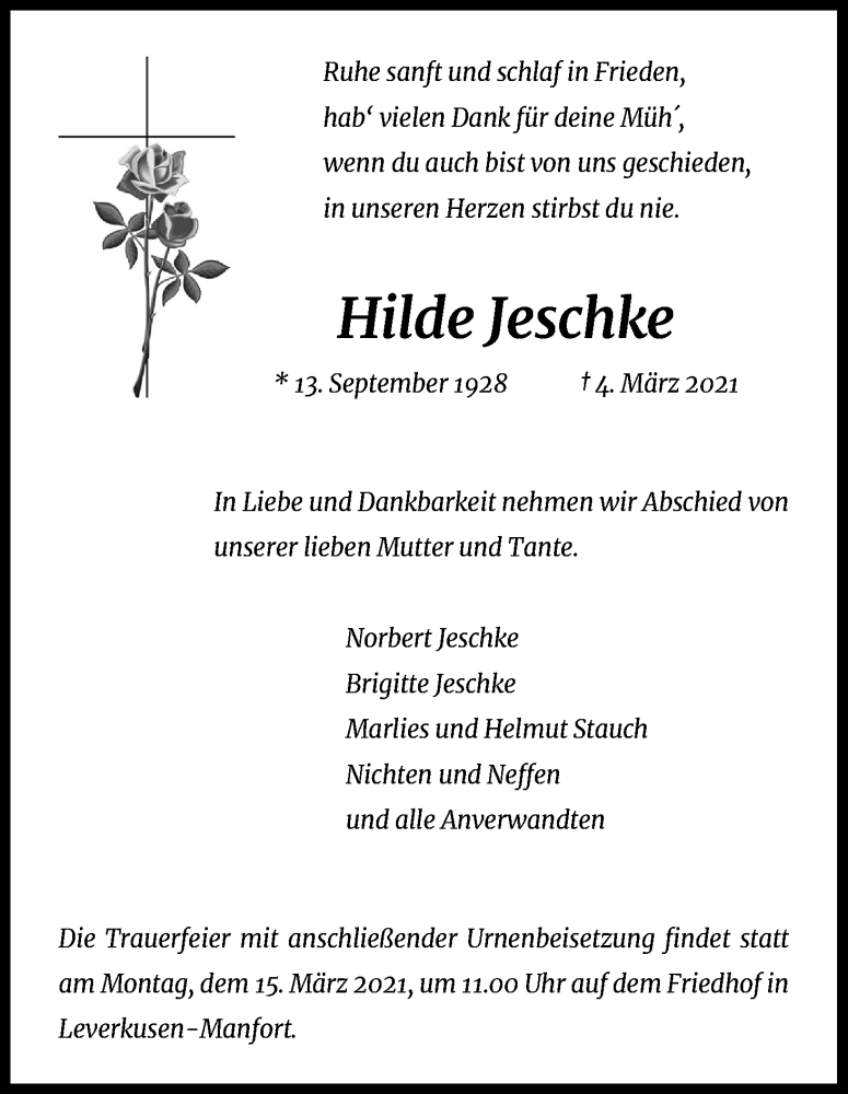  Traueranzeige für Hilde Jeschke vom 10.03.2021 aus Kölner Stadt-Anzeiger / Kölnische Rundschau / Express
