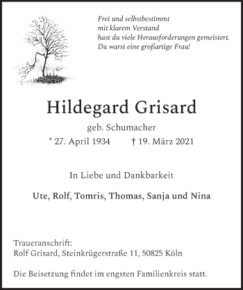 Anzeige von Hildegard Grisard von  Wochenende 