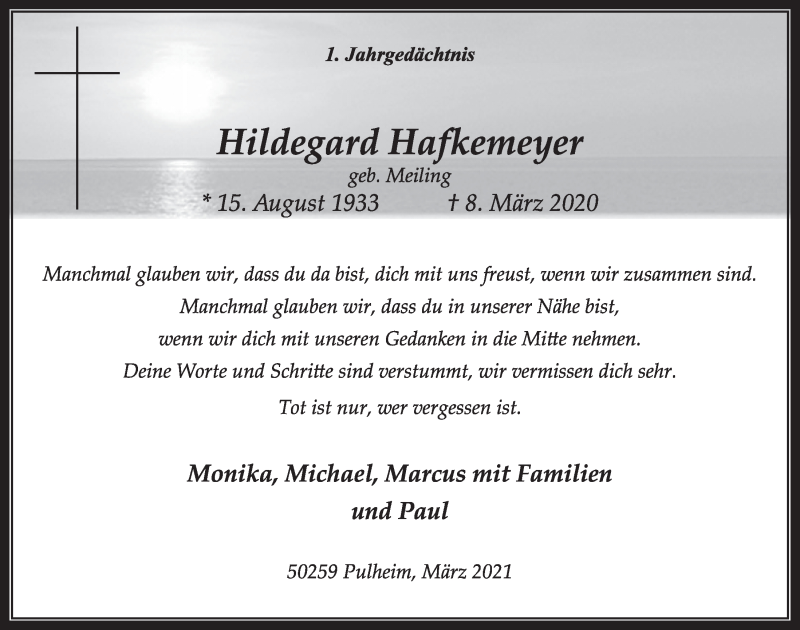  Traueranzeige für Hildegard Hafkemeyer vom 05.03.2021 aus  Wochenende 