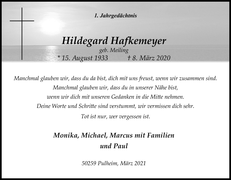  Traueranzeige für Hildegard Hafkemeyer vom 06.03.2021 aus Kölner Stadt-Anzeiger / Kölnische Rundschau / Express